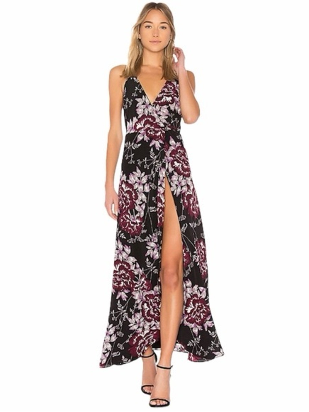 Yumi Kim Rush Hour Silk Maxi Dress Floral V-Neck Burgundy Grey, Medium